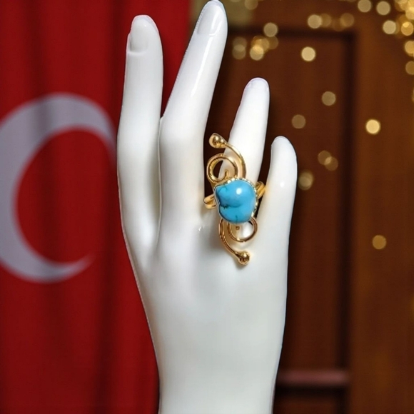 Turquoise Wrap Ring: Gold Plated Brass, Adjustable Boho  Turkish Artisan 18K Gold Plated Brass Stabilized Turquoise Spiral Ring Boho 7-10